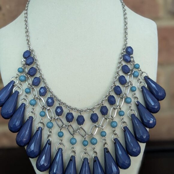 Blue Teardrop Beaded Necklace, Chunky Statement Necklace, Layered Navy Jewllrey - Picture 4 of 8
